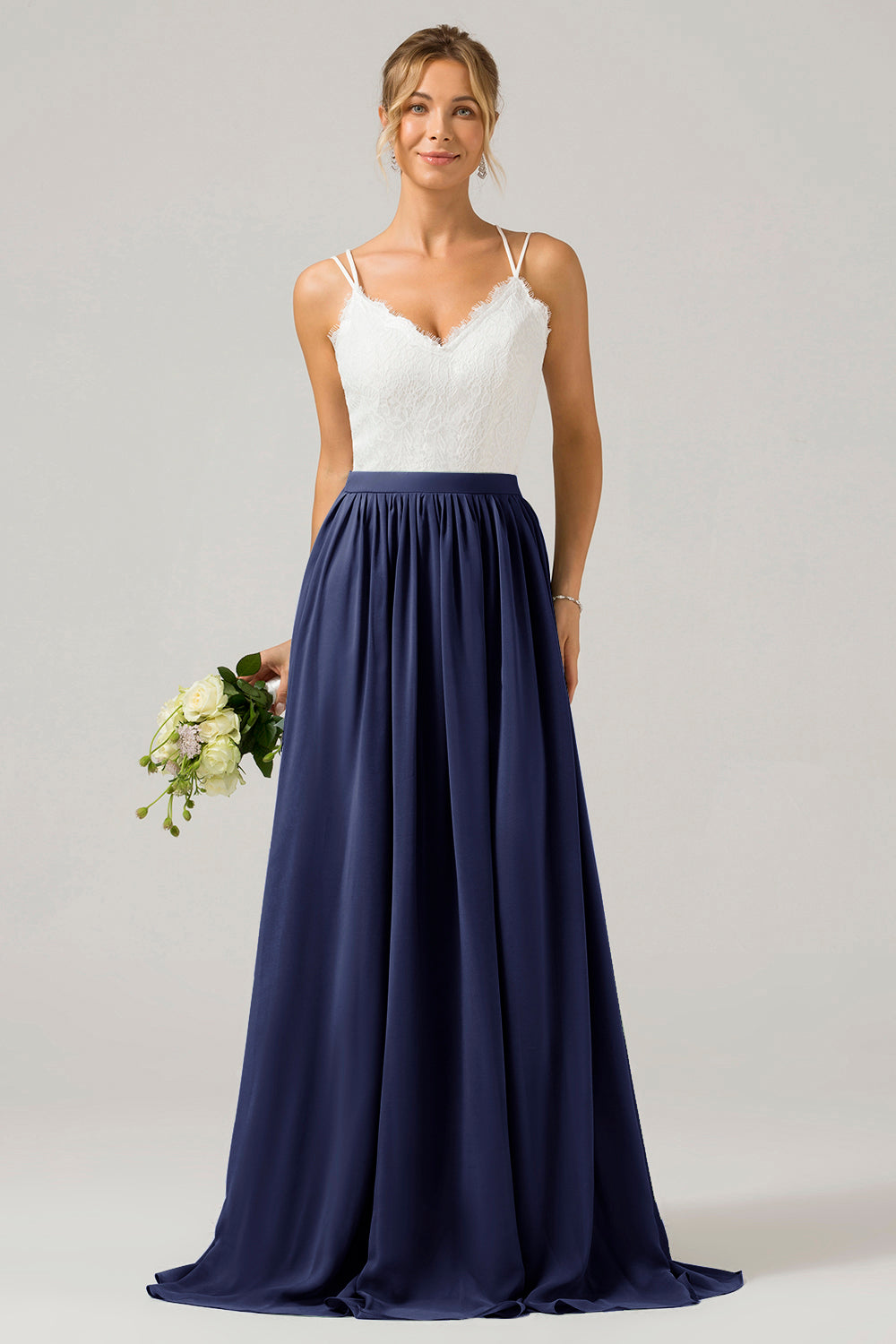 Zapaka Women Navy Boho Chiffon Long Bridesmaid Dress with Lace Open Back Spaghetti Straps Wedding Party Dress ZAPAKA UK Zapaka Women Navy Boho Chiffon Long Bridesmaid Dress with Lace Open Back Spaghetti Straps Wedding Party Dress ZAPAKA UK