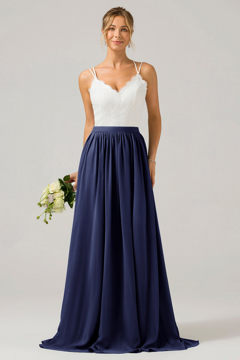 Load image into Gallery viewer, Navy Boho Chiffon Long Bridesmaid Dress with Lace