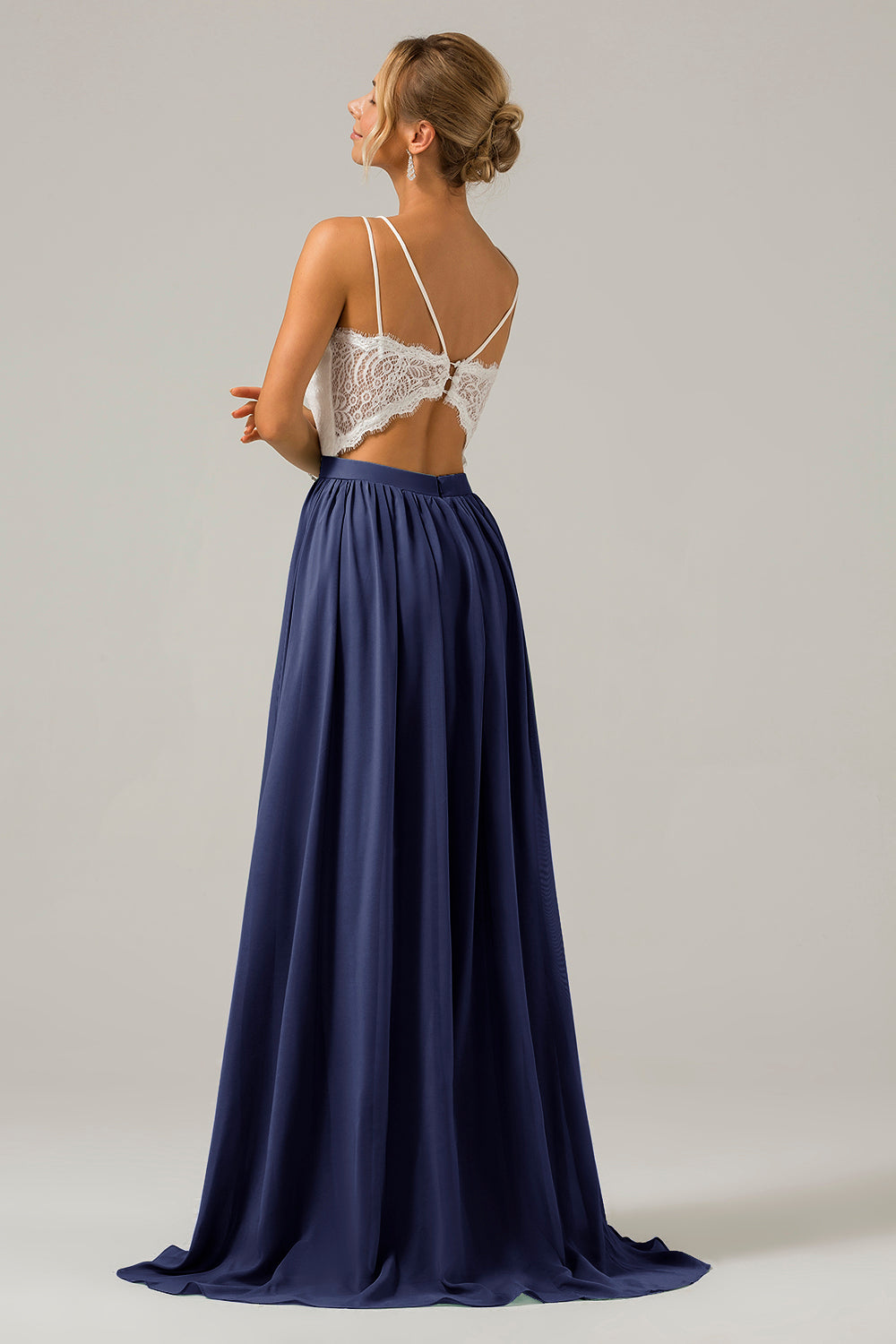 Zapaka Women Navy Boho Chiffon Long Bridesmaid Dress with Lace Open Back Spaghetti Straps Wedding Party Dress ZAPAKA UK Zapaka Women Navy Boho Chiffon Long Bridesmaid Dress with Lace Open Back Spaghetti Straps Wedding Party Dress ZAPAKA UK