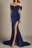 Off The Shoulder Mermaid Black Formal Dress With Slit