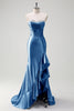 Load image into Gallery viewer, Sparkly Grey Blue Mermaid Strapless Ruffle Corset Satin Long Prom Dress with Slit