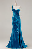 Metallic Burgundy One Shoulder Mermaid Side Slit Long Prom Dress with 3D Flowers