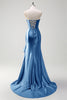 Load image into Gallery viewer, Sparkly Grey Blue Mermaid Strapless Ruffle Corset Satin Long Prom Dress with Slit