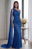 Navy One Shoulder Sheath Ruched Long Evening Dress with Side Cape