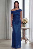 Dark Green Off the Shoulder Sheath Ruched Long Evening Dress