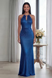 Sky Blue Halter Sheath Long Evening Dress with Back Keyhole