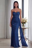 Back Strapless Sheath Ruched Long Evening Dress with Ribbon