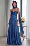 Strapless A Line Pleated Sky Blue Long Evening Dress with a Neck Scarf