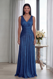 Dusty Rose A Line V Neck Pleated Long Evening Dress