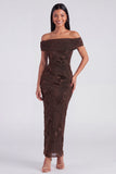 Off the Shoulder Yellow Sheath Embroidered Maxi Floral Dress with Slit