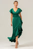 Load image into Gallery viewer, Olive A Line V Neck Satin Asymmetrical Bridesmaid Dress with Ruffle Slit