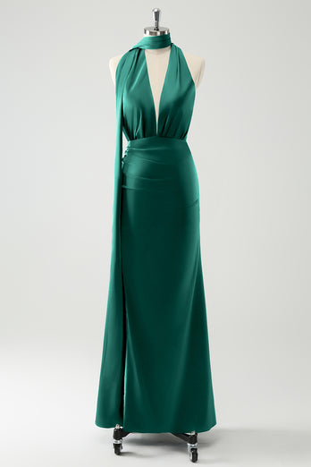 Peacock Sheath Halter Backless Bridesmaid Dress with Slit