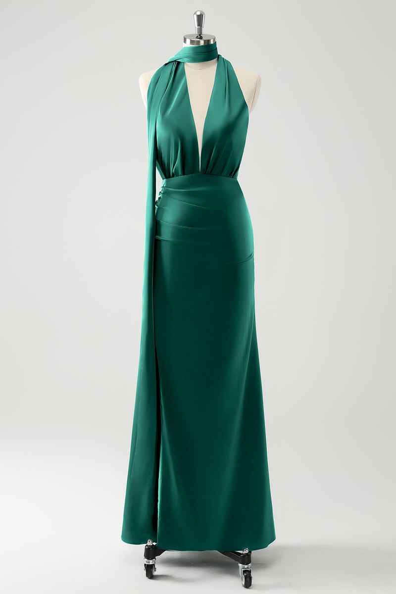 Load image into Gallery viewer, Peacock Sheath Halter Backless Bridesmaid Dress with Slit