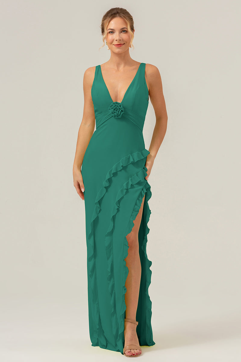 Load image into Gallery viewer, Lime Sheath Deep V Neck Backless Long Bridesmaid Dress with Ruffle Slit