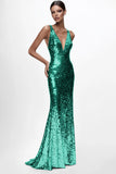 Sparkly Silver V-neck Sequined Mermaid Formal Dress
