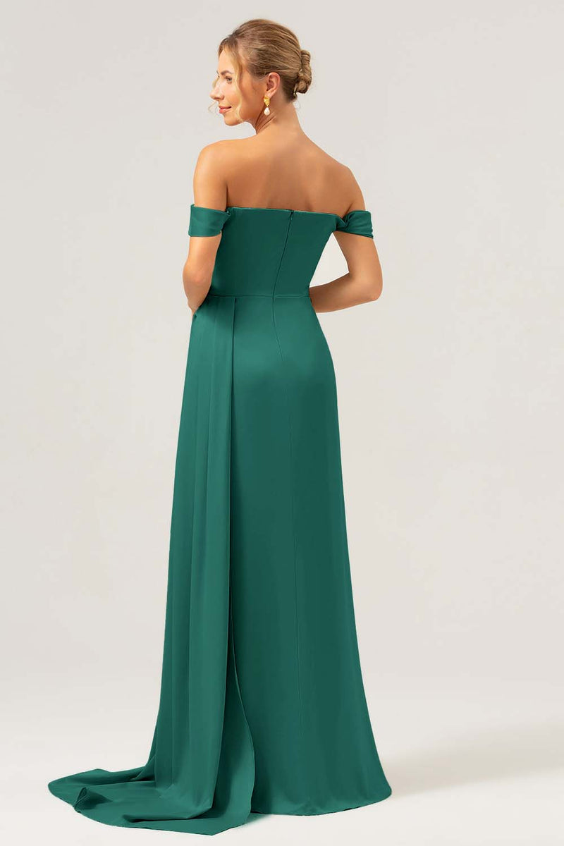 Load image into Gallery viewer, Sage Mermaid Off The Shoulder Pleated Satin Bridesmaid Dress with Slit