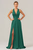 Load image into Gallery viewer, Pink A Line V-Neck Backless Satin Long Bridesmaid Dress with Slit