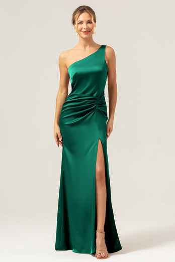 Olive Mermaid One Shoulder Backless Satin Long Bridesmaid Dress