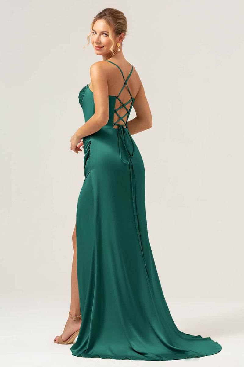 Load image into Gallery viewer, Sage Mermaid Spaghetti Straps Corset Satin Bridesmaid Dress with Slit