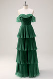 Eucalyptus A Line Off the Shoulder Tiered Pleated Long Bridesmaid Dress with Slit