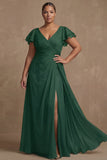Dusty Sage Plus Size A Line Flutter Sleeves Ruched Mother Of The Bride Dress with Slit