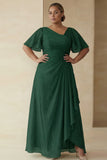 Dusty Sage A Line Ruched Short Sleeves Plus Size Mother Of The Bride Dress with Ruffles