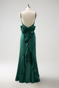 Dark Green Mermaid Spaghetti Straps Satin Bow Ruffle Long Bridesmaid Dress