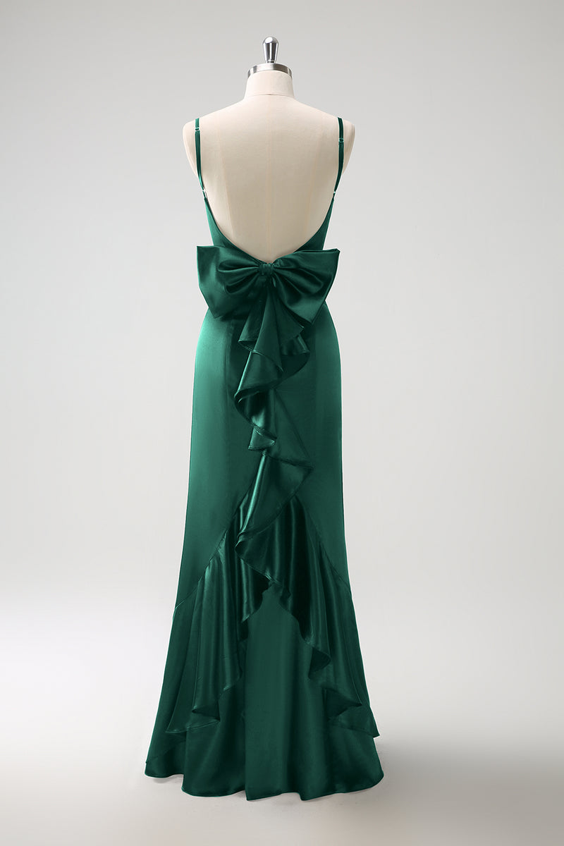 Load image into Gallery viewer, Dark Green Mermaid Spaghetti Straps Satin Bow Ruffle Long Bridesmaid Dress