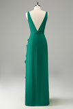 Lime Sheath Deep V Neck Ruffled Wedding Guest Dress with Slit