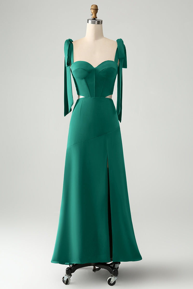 Load image into Gallery viewer, Olive A Line Spaghetti Straps Floor Length Cut Out Bridesmaid Dress with Slit