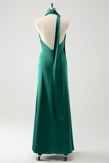 Peacock Sheath Halter Backless Bridesmaid Dress with Slit