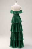 Eucalyptus A Line Off the Shoulder Tiered Pleated Long Bridesmaid Dress with Slit