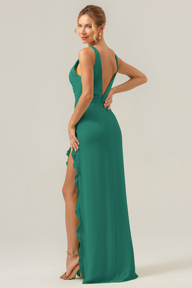 Load image into Gallery viewer, Lime Sheath Deep V Neck Backless Long Bridesmaid Dress with Ruffle Slit