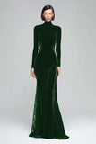 Black Mermaid Velvet High Neck Long Sleeve Formal Dress with Lace