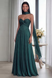 Strapless A Line Pleated Sky Blue Long Evening Dress with a Neck Scarf