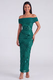 Off the Shoulder Yellow Sheath Embroidered Maxi Floral Dress with Slit