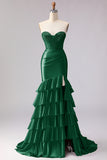 Red Mermaid Ruffled Sweetheart Beaded Corset Long Prom Dress with Slit