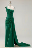 Green One Shoulder Ruched Sheath Long Prom Dress with Slit