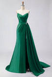 Royal Blue Strapless Mermaid Beaded Long Satin Prom Dress with Slit