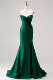 Royal Blue Strapless Mermaid 3D Flowers Beaded Long Prom Dress with Slit
