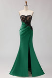 Strapless Mermaid Green Appliqued Lace Long Prom Dress with Slit