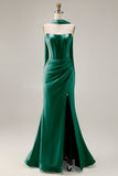 Strapless Corset Mermaid Light Green Satin Side Slit Maxi Dress with a Neck Scarf