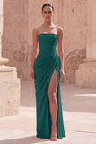 Strapless Light Pink Sheath Ruched Long Prom Dress with Slit