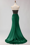 Strapless Mermaid Green Appliqued Lace Long Prom Dress with Slit