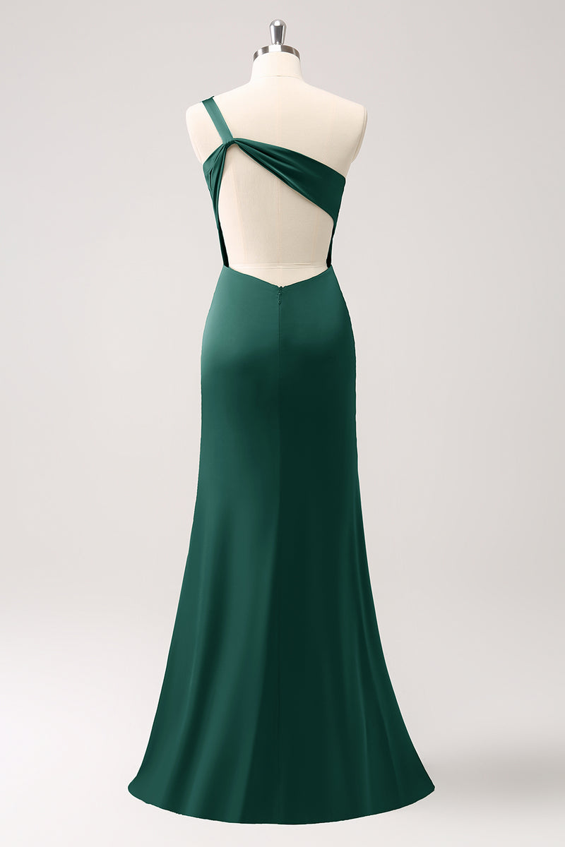 Load image into Gallery viewer, Olive One Shoulder Mermaid Satin Long Bridesmaid Dress