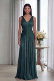 Dusty Rose A Line V Neck Pleated Long Evening Dress