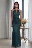 Sky Blue Halter Sheath Long Evening Dress with Back Keyhole