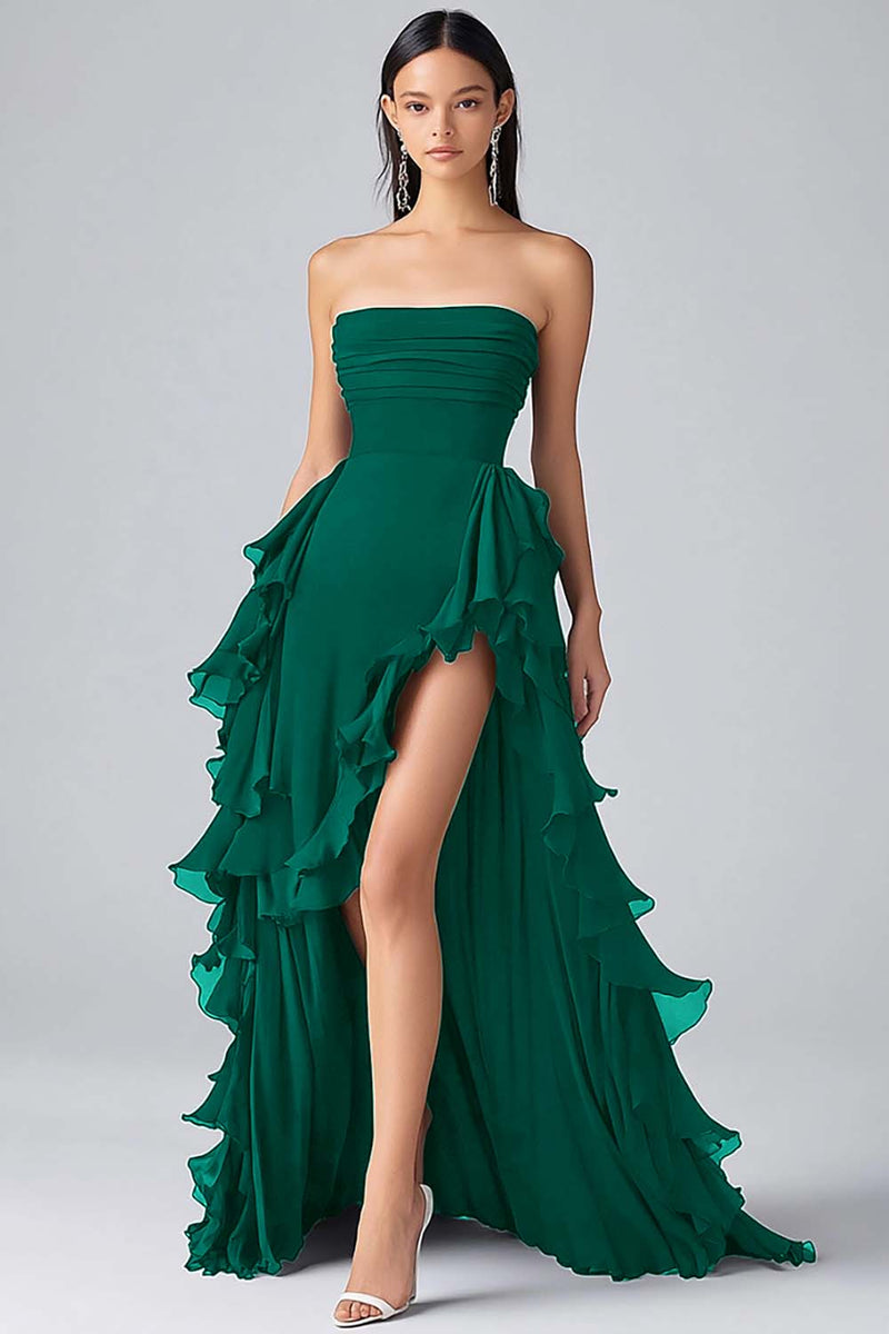 Load image into Gallery viewer, Black A Line Ruffles Chiffon Tiered Strapless Formal Dress with Slit