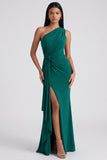 Burgundy One Shoulder Mermaid Ruched Evening Dress with Slit