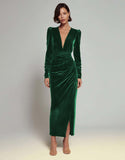 Olive Ruched Velvet Sheath V-Neck Formal Dress with Long Sleeves